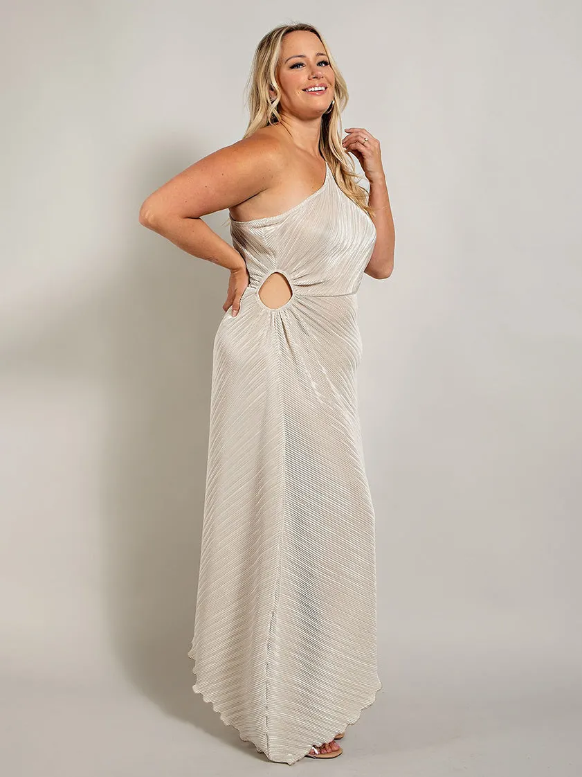 Crystal Plus Size Satin Plissé Dress in Champagne