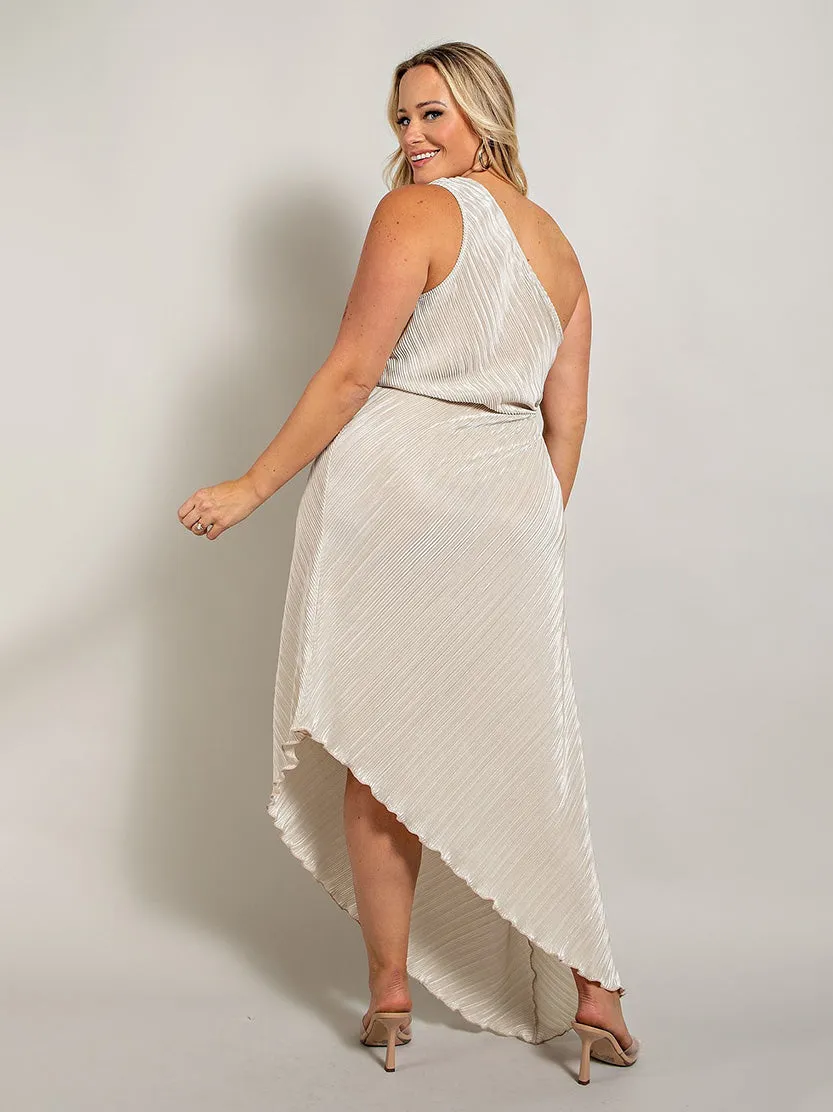 Crystal Plus Size Satin Plissé Dress in Champagne