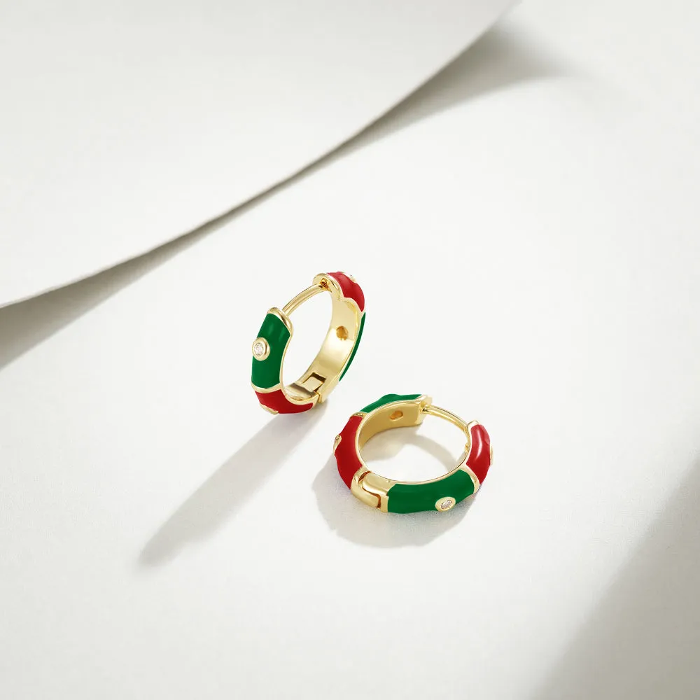 Dainty Dual-color Enamel Small Hoop Colorful Cute Huggie Earrings-Red-Green