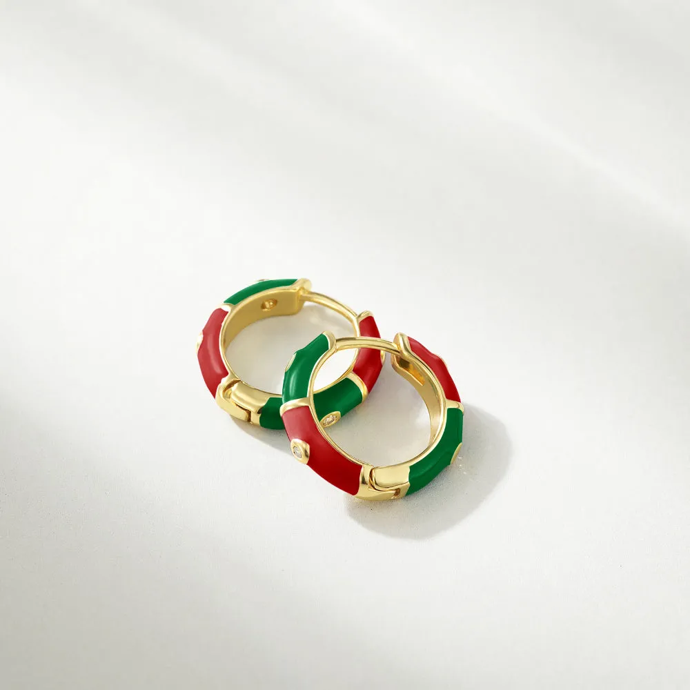 Dainty Dual-color Enamel Small Hoop Colorful Cute Huggie Earrings-Red-Green