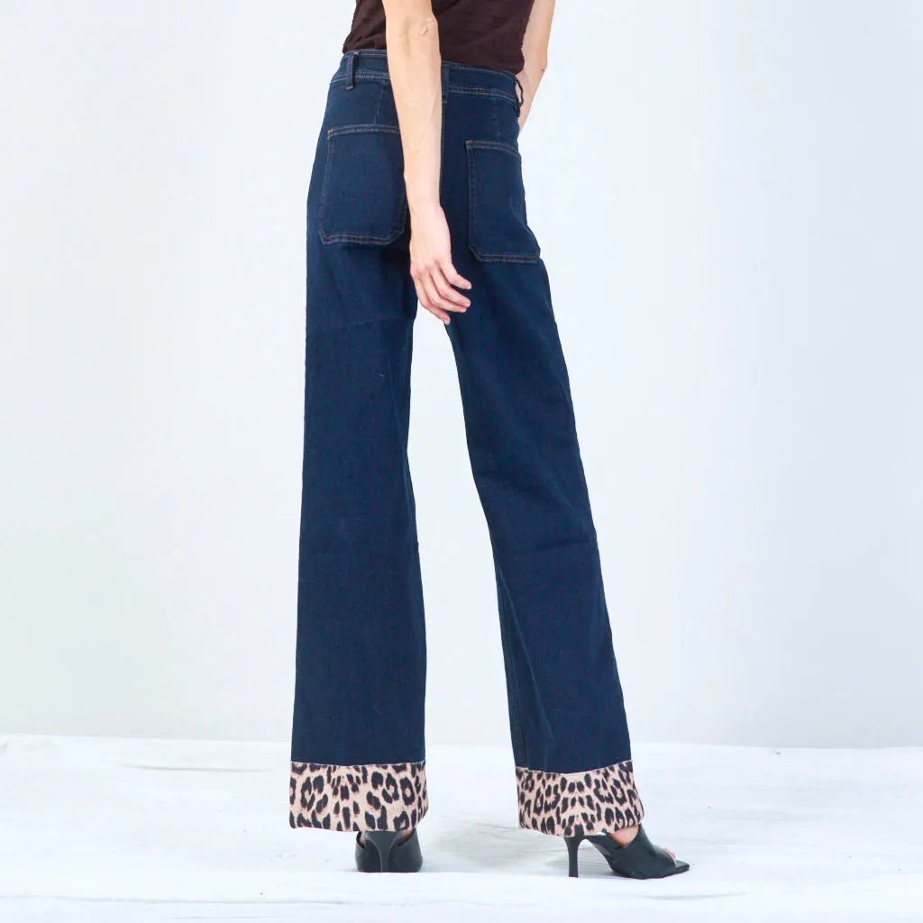 Denim jeans with animal print cuff wholesale