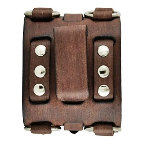 Double Ring Distressed Brown Leather Triple Strap Cuff FBWB