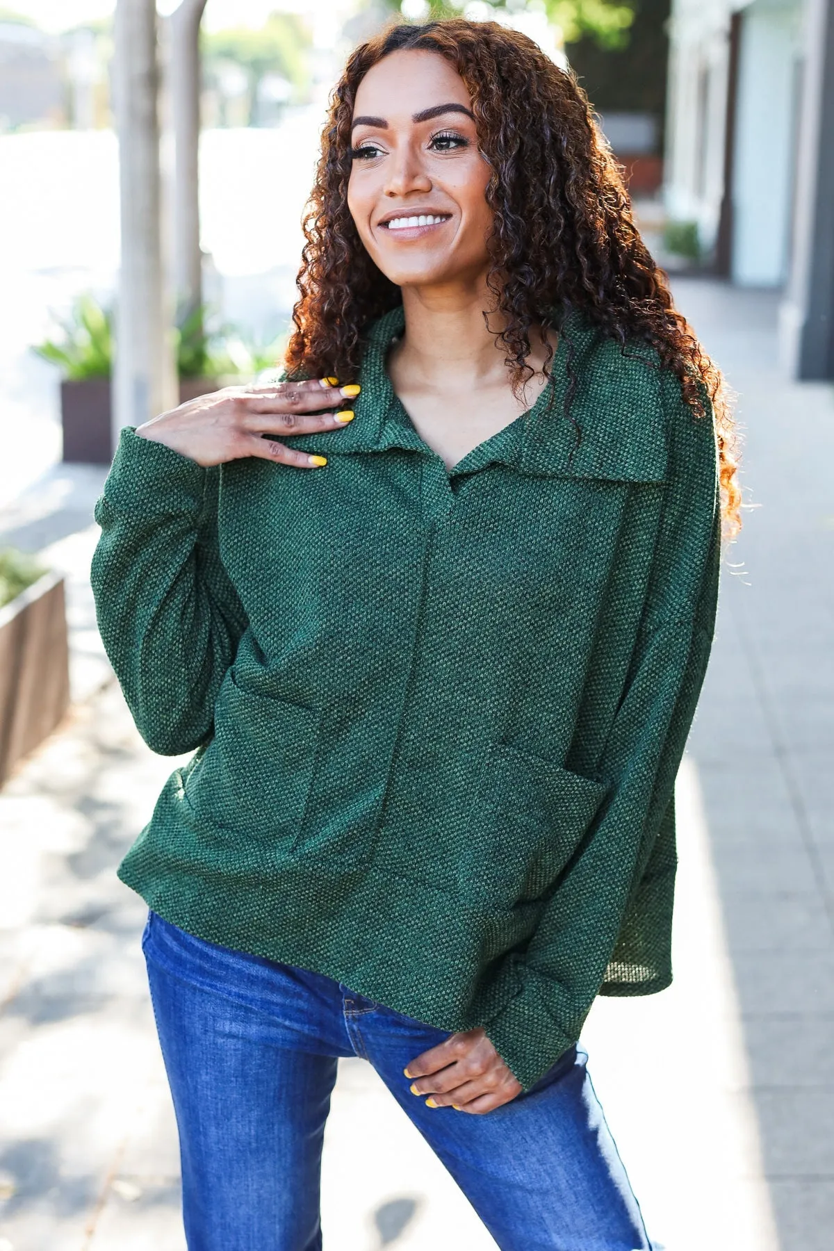 Easy Living Olive Textured Knit Notch Neck Oversized Collar Sweater (Open Pack)