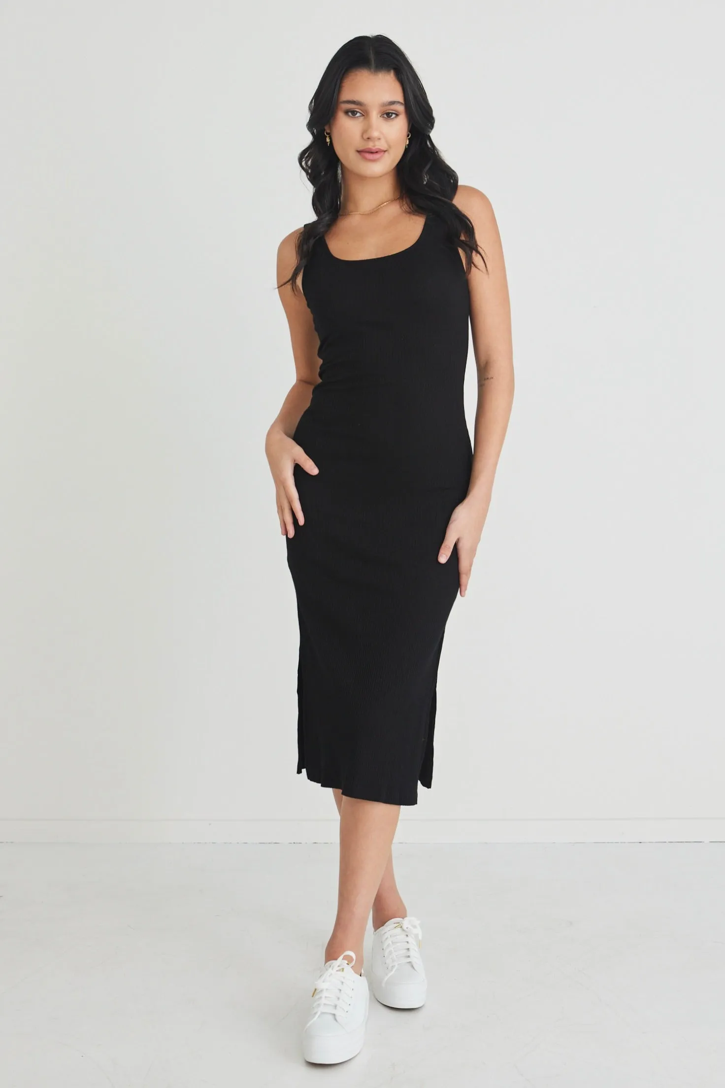 Ember Black Square Neck Rib Knit Tank Dress