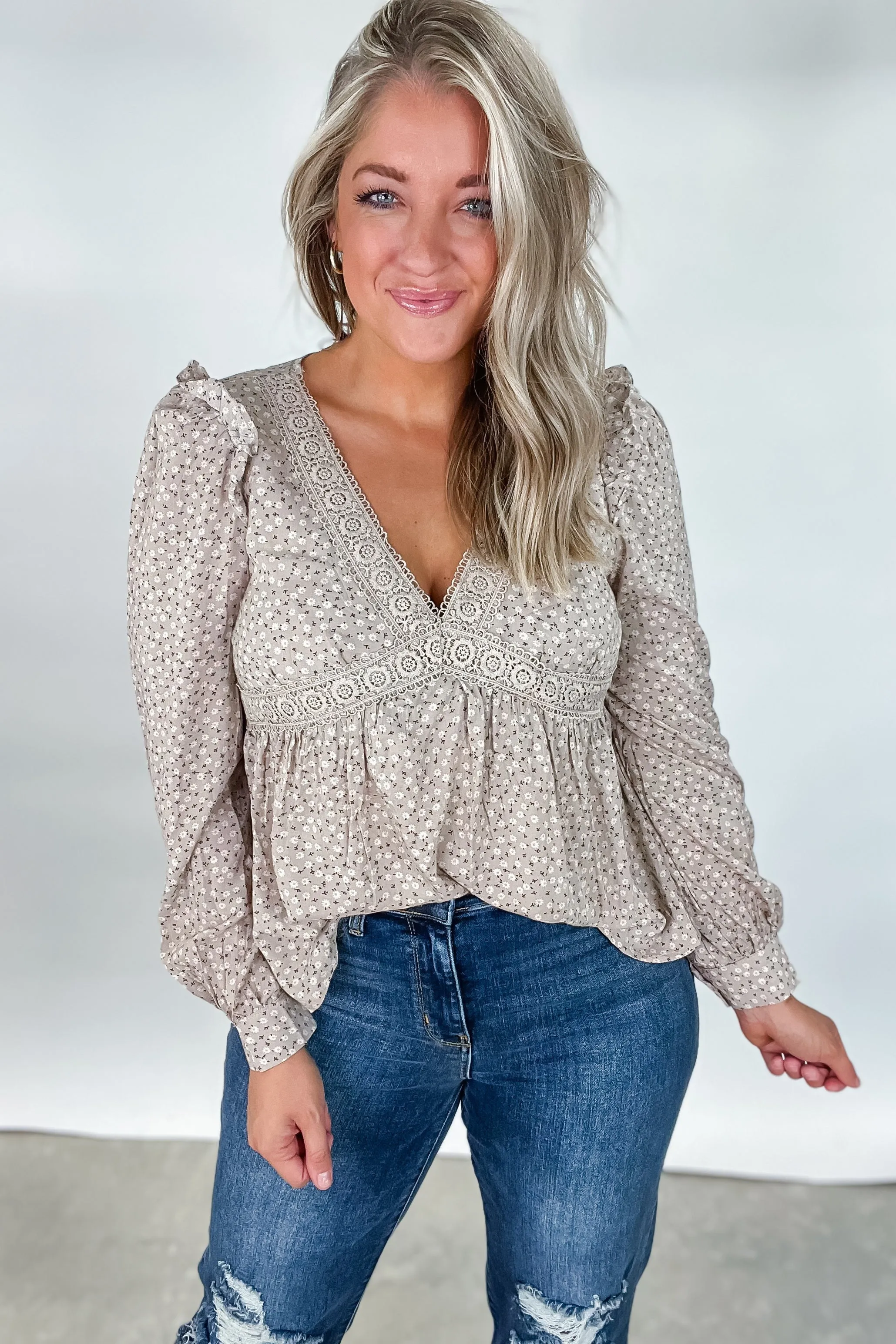 Flaunt Your Floral- Taupe Floral V-Neck Top w/ Lace Detail