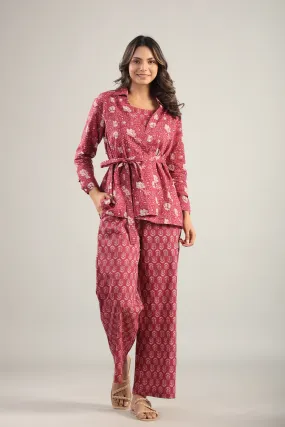 Floral fit Maroon Cotton Three Piece Set