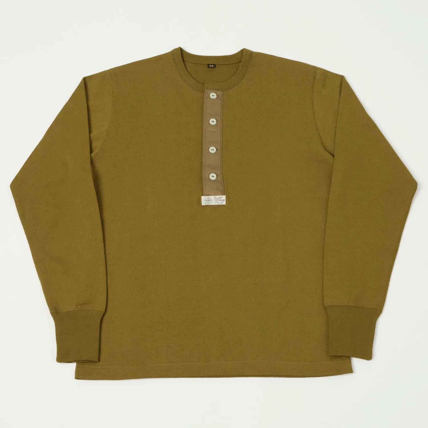 Freewheelers Henley Necked Long Sleeve Shirt - Olive Drab