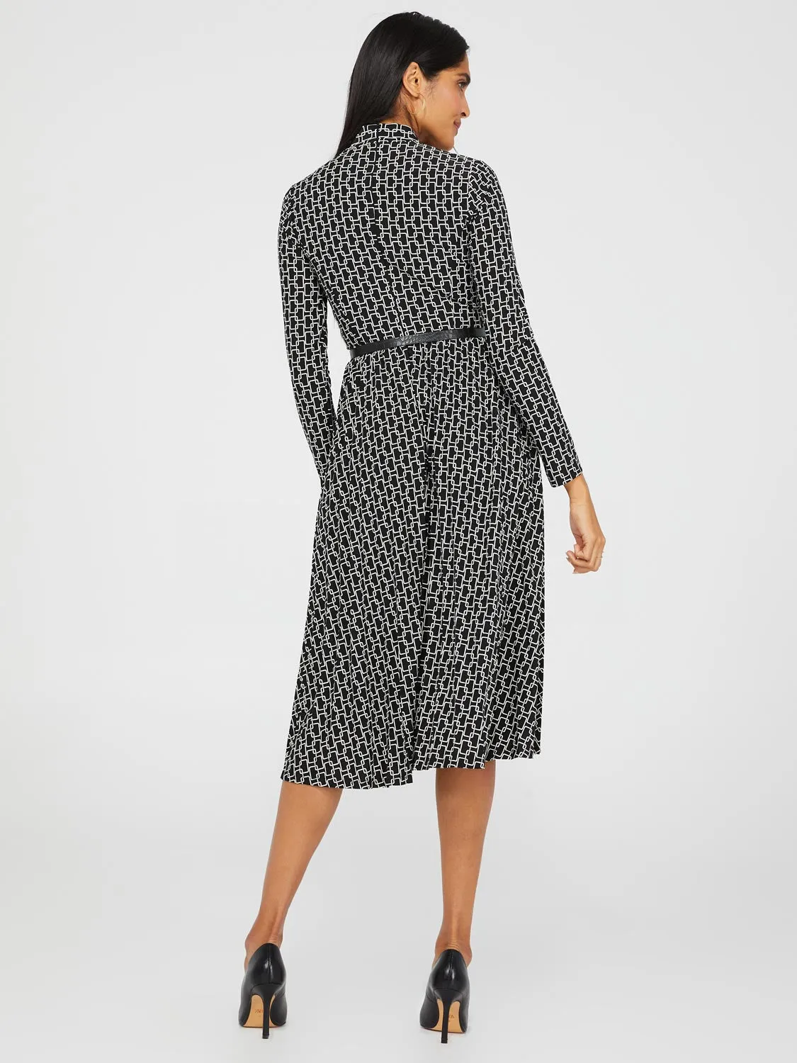 Geo Print Belted Midi Dress With Pleated Skirt