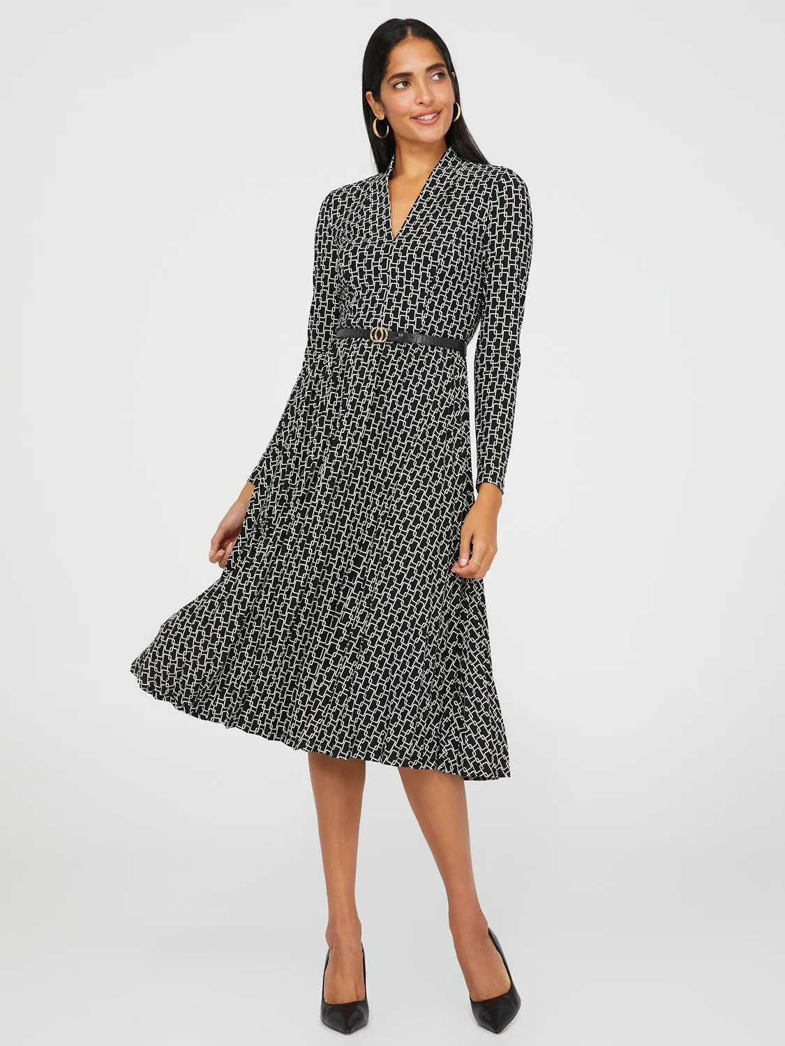 Geo Print Belted Midi Dress With Pleated Skirt