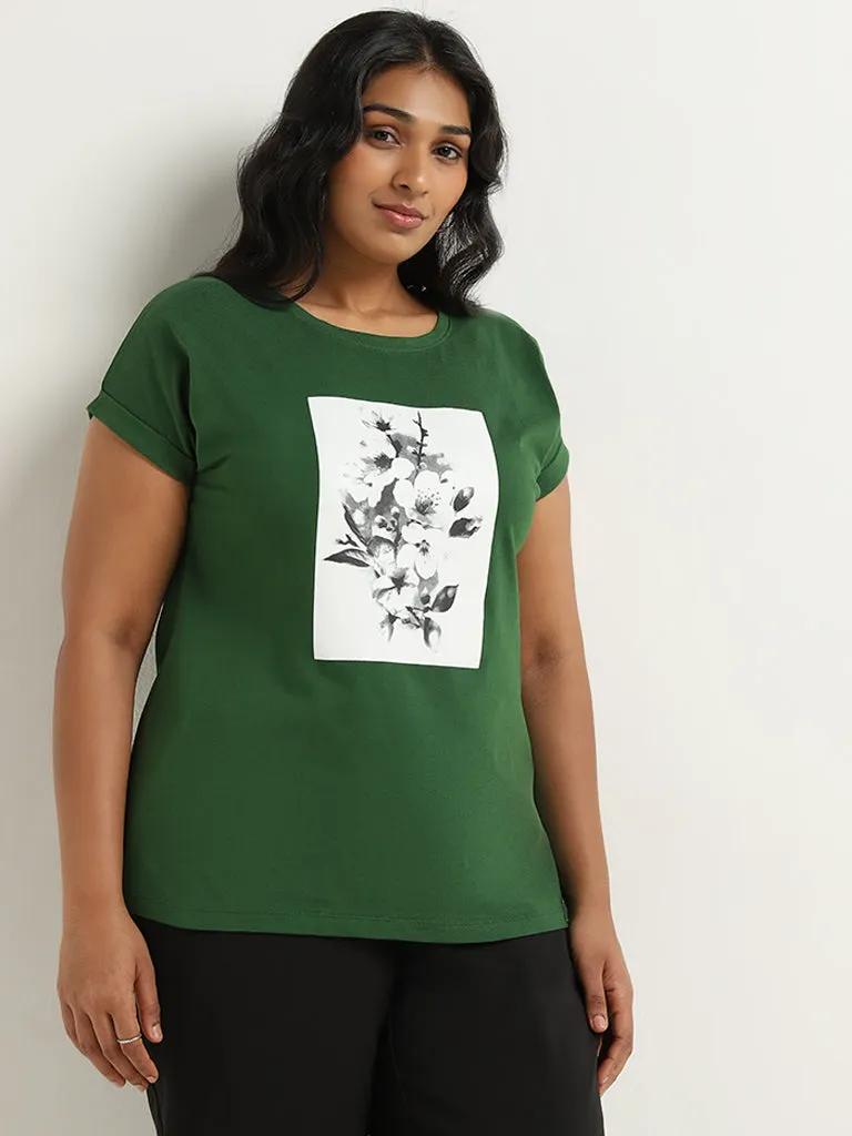 Gia Dark Green Floral Design Cotton T-Shirt