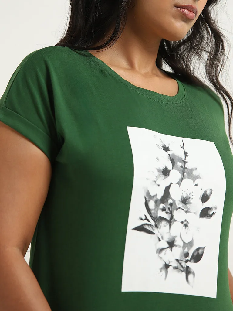 Gia Dark Green Floral Design Cotton T-Shirt