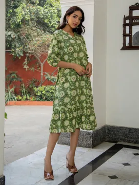 Green Cotton Floral A-Line Dress