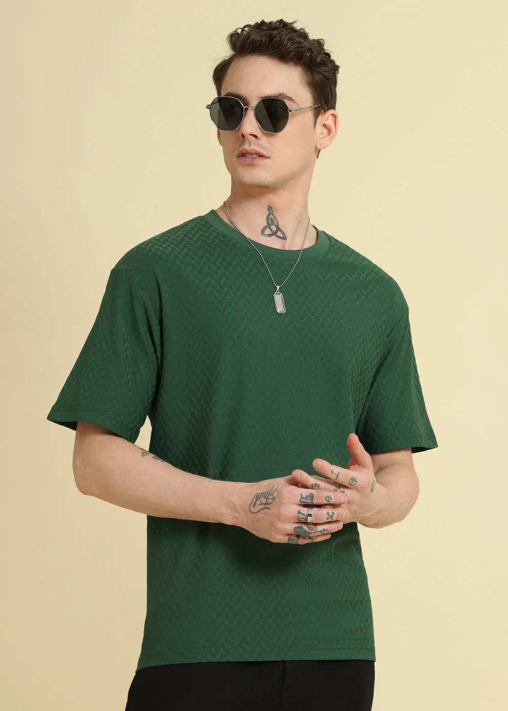 Green Textured Weave Oversized T-shirt