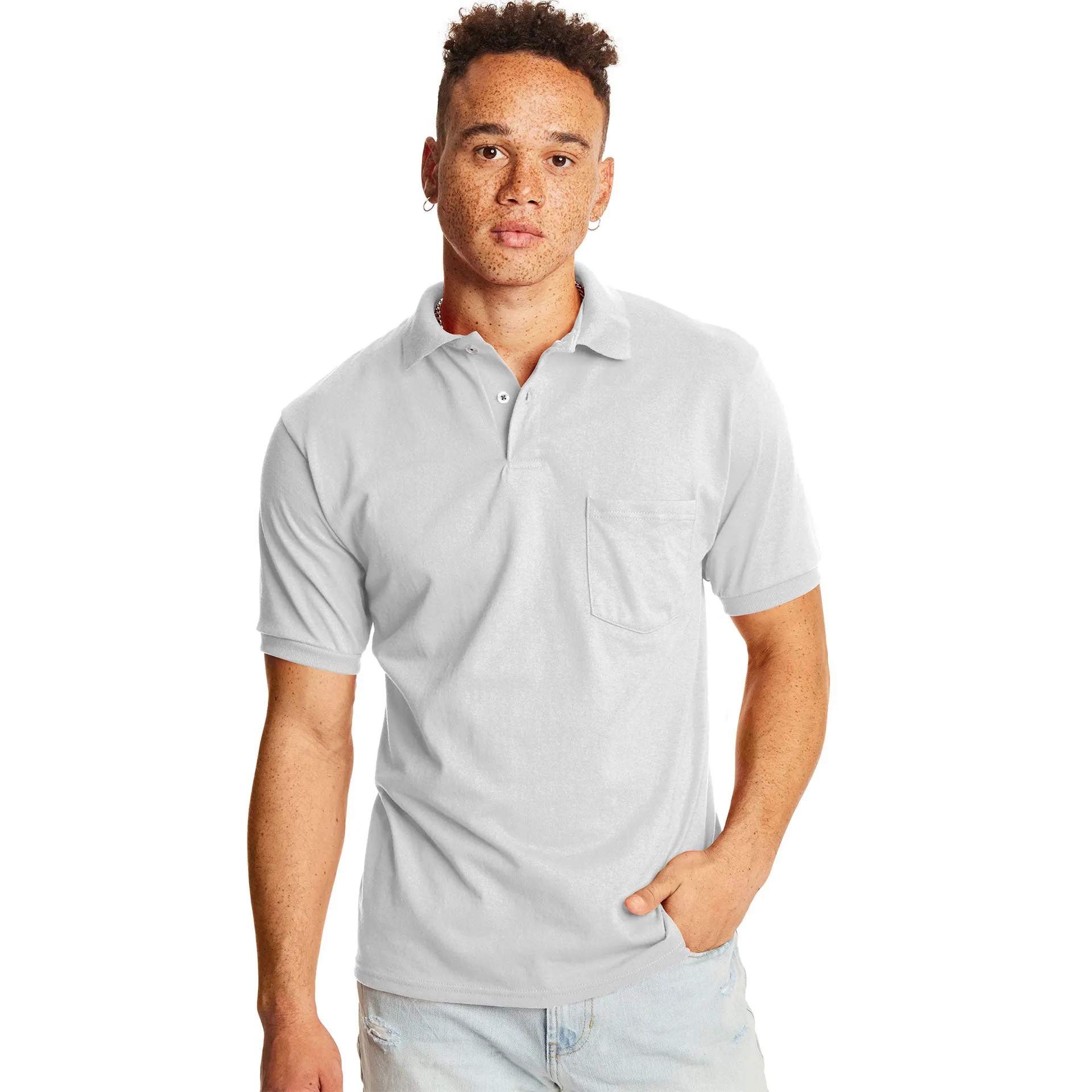 Hanes Cotton-Blend EcoSmart® Jersey Polo With Pocket - White