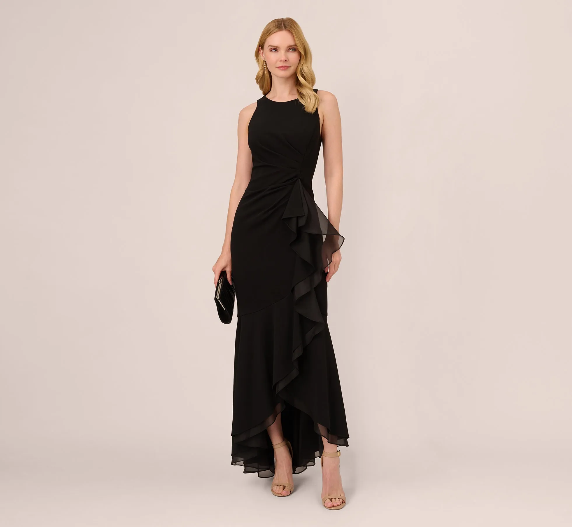 High Low Crepe Halter Gown With Organza Draping In Black