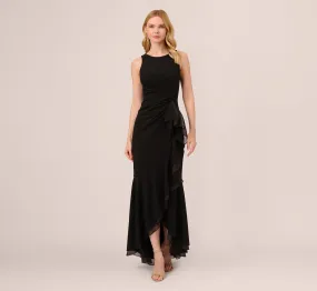 High Low Crepe Halter Gown With Organza Draping In Black