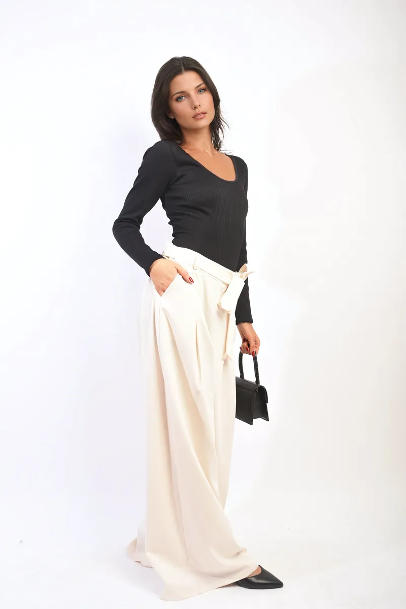 High Waist Belted Wide Leg Trouser