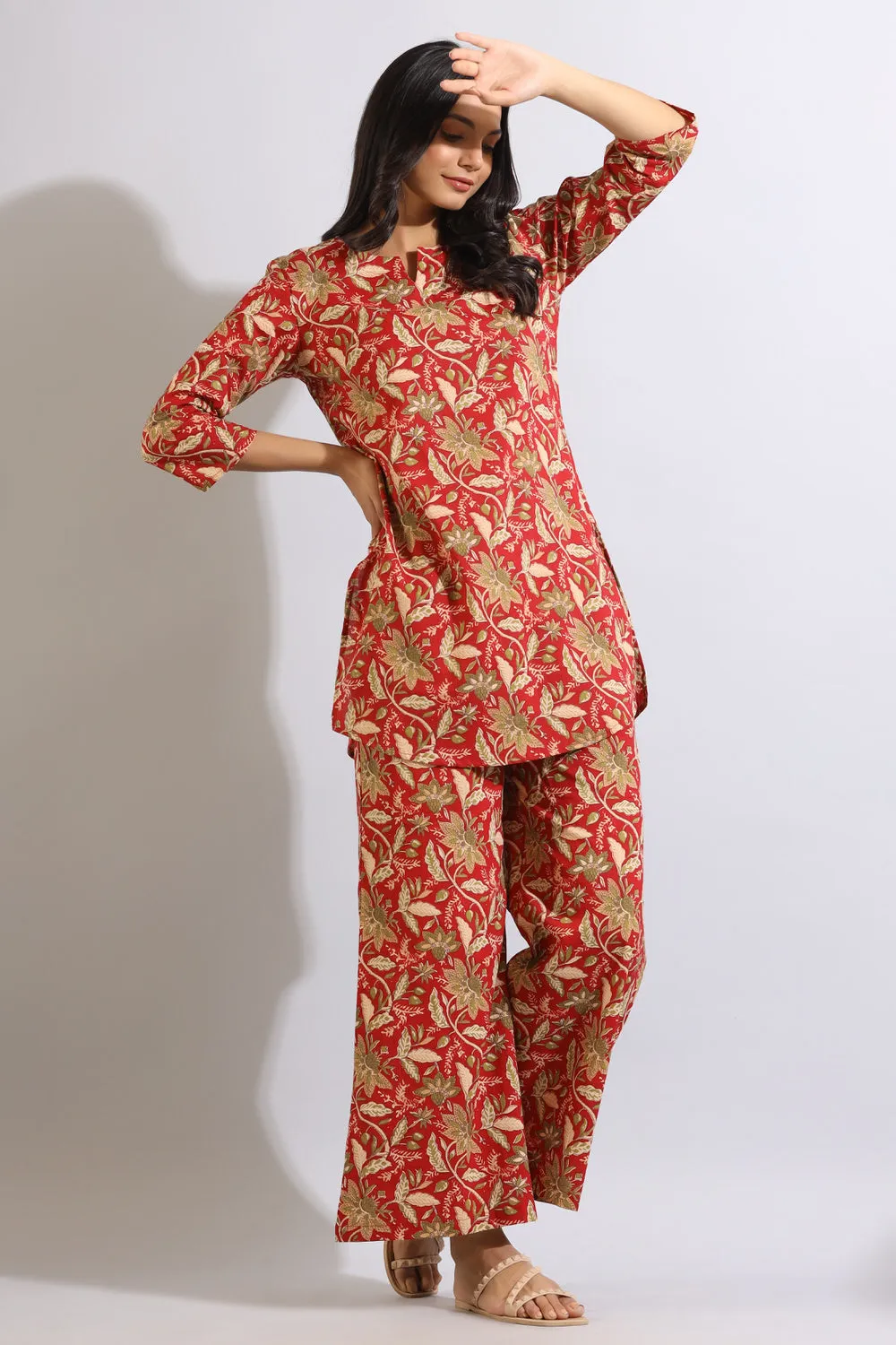 Indi Jaal Cotton Maroon Loungewear Set