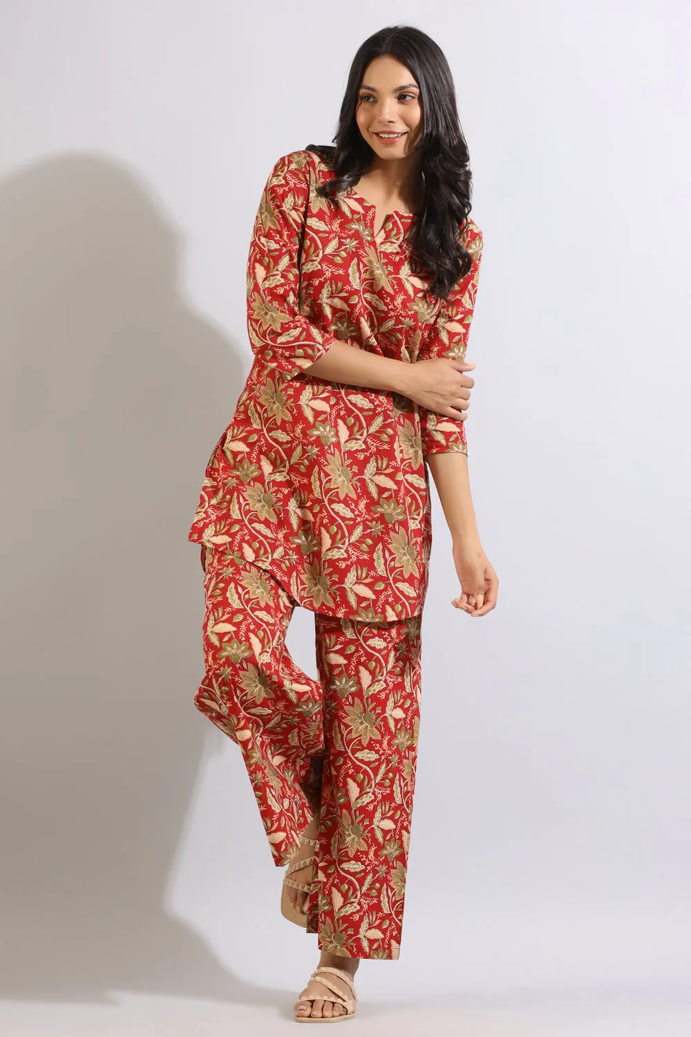 Indi Jaal Cotton Maroon Loungewear Set