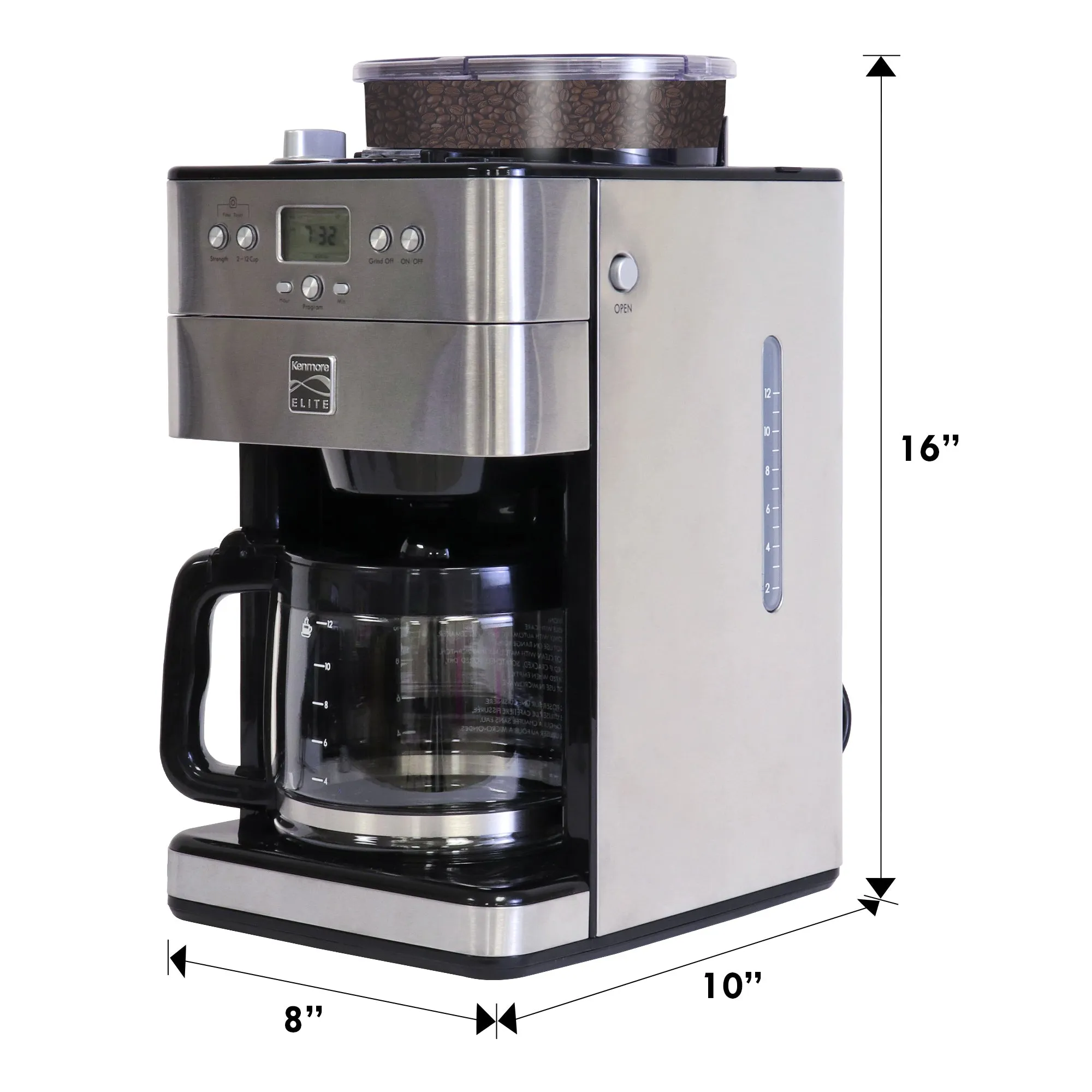 Kenmore Elite Grind and Brew Coffee Maker w/ Burr Grinder, 12 Cup Programmable Automatic Timer Brew Coffee Machine, Air-Tight Bean Hopper, Grind Size and Brew Strength Selectors, Stainless Steel