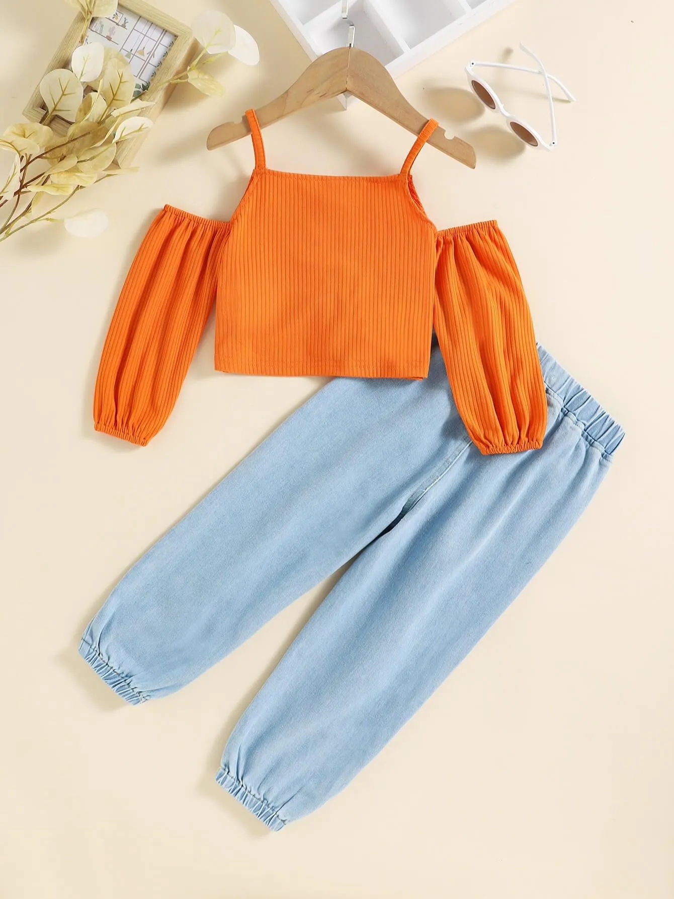 KIDS DRAWSTRING COLD-SHOULDER TOP AND DISTRESSED JEANS SET