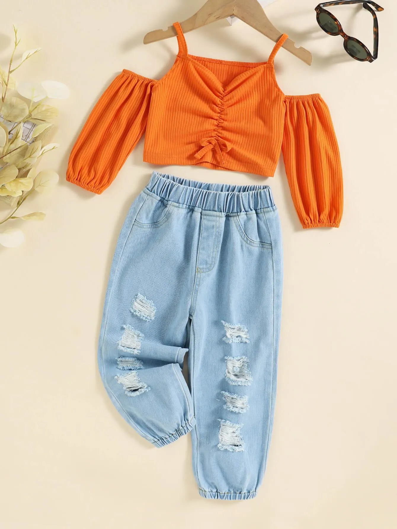 KIDS DRAWSTRING COLD-SHOULDER TOP AND DISTRESSED JEANS SET