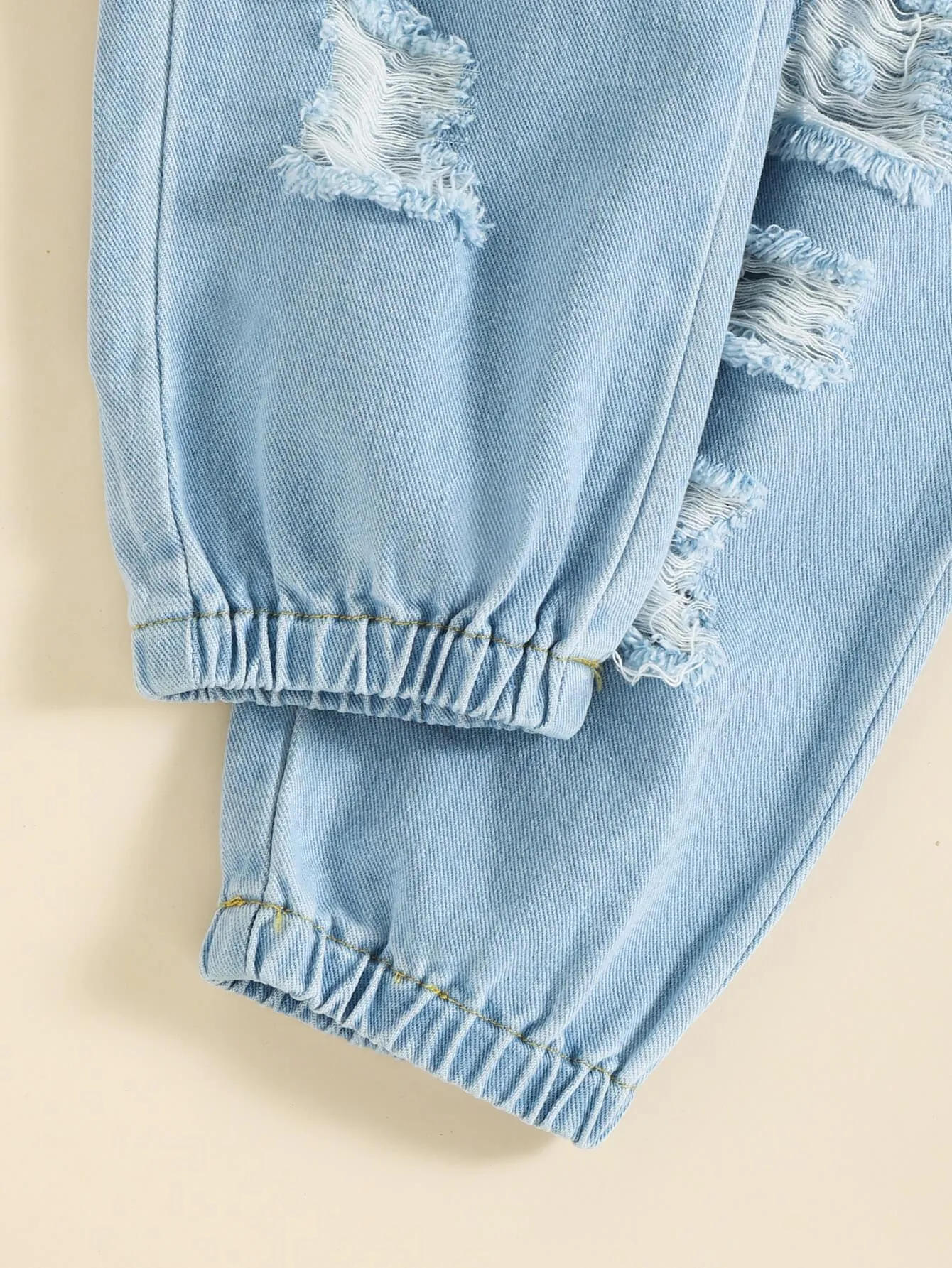 KIDS DRAWSTRING COLD-SHOULDER TOP AND DISTRESSED JEANS SET