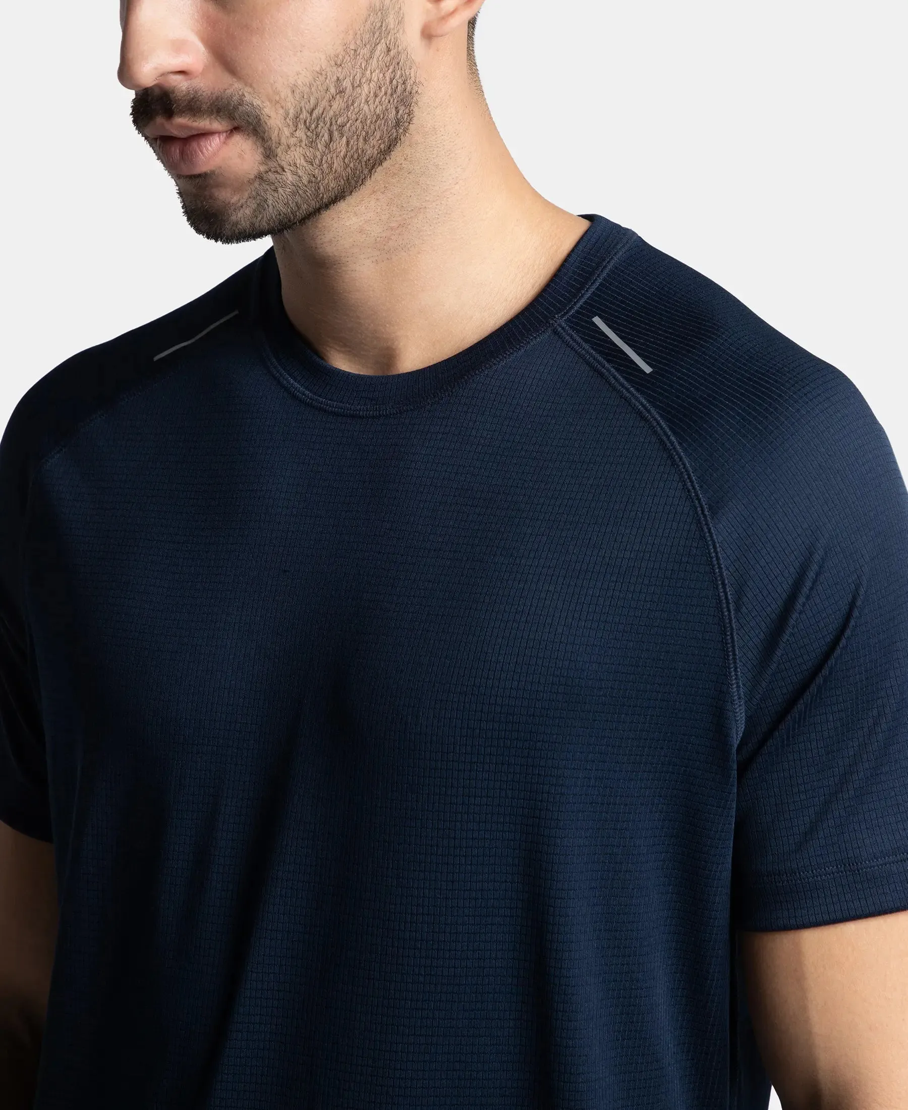 Lightweight Microfiber Solid Round Neck Half Sleeve T-Shirt with Breathable Mesh - Navy