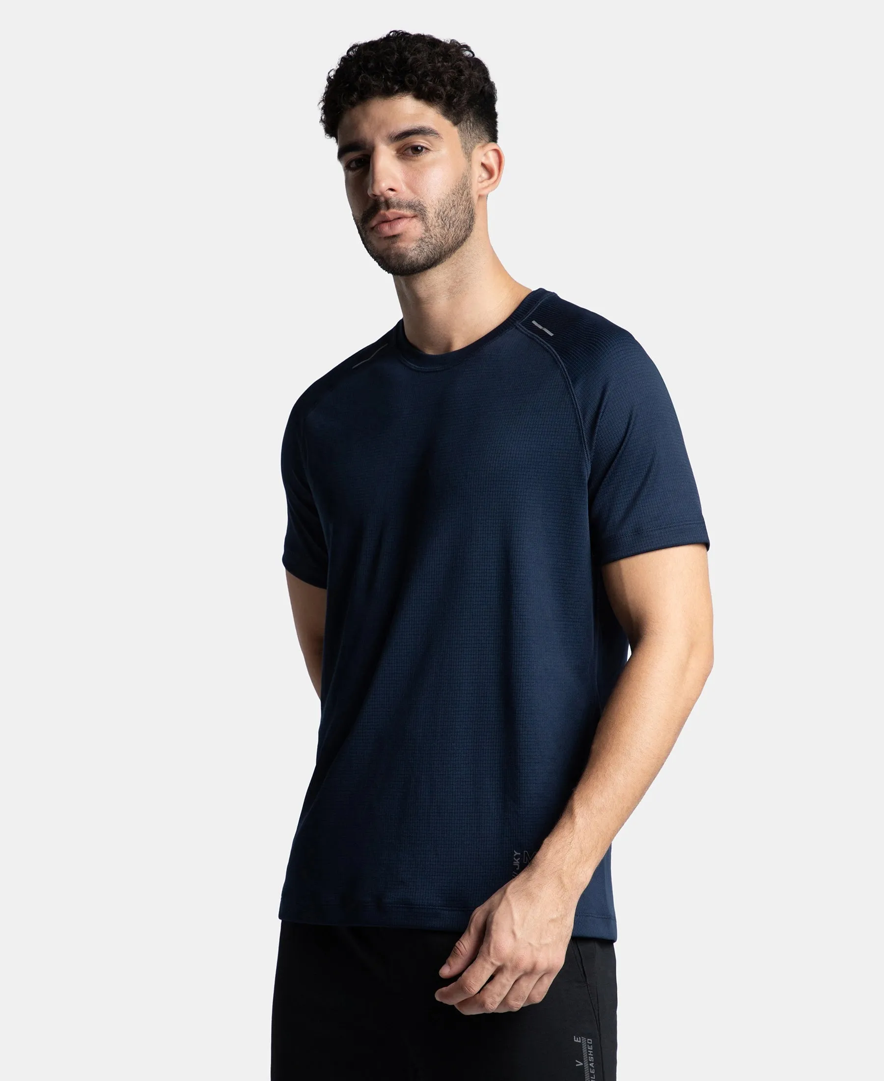 Lightweight Microfiber Solid Round Neck Half Sleeve T-Shirt with Breathable Mesh - Navy