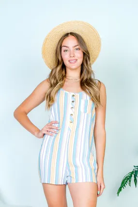 Linen Light Scoop Neck Sleeveless Multi Color Striped Mini Shorts Romper with Front Pocket and Brass Snap Front Closure (DD1532)