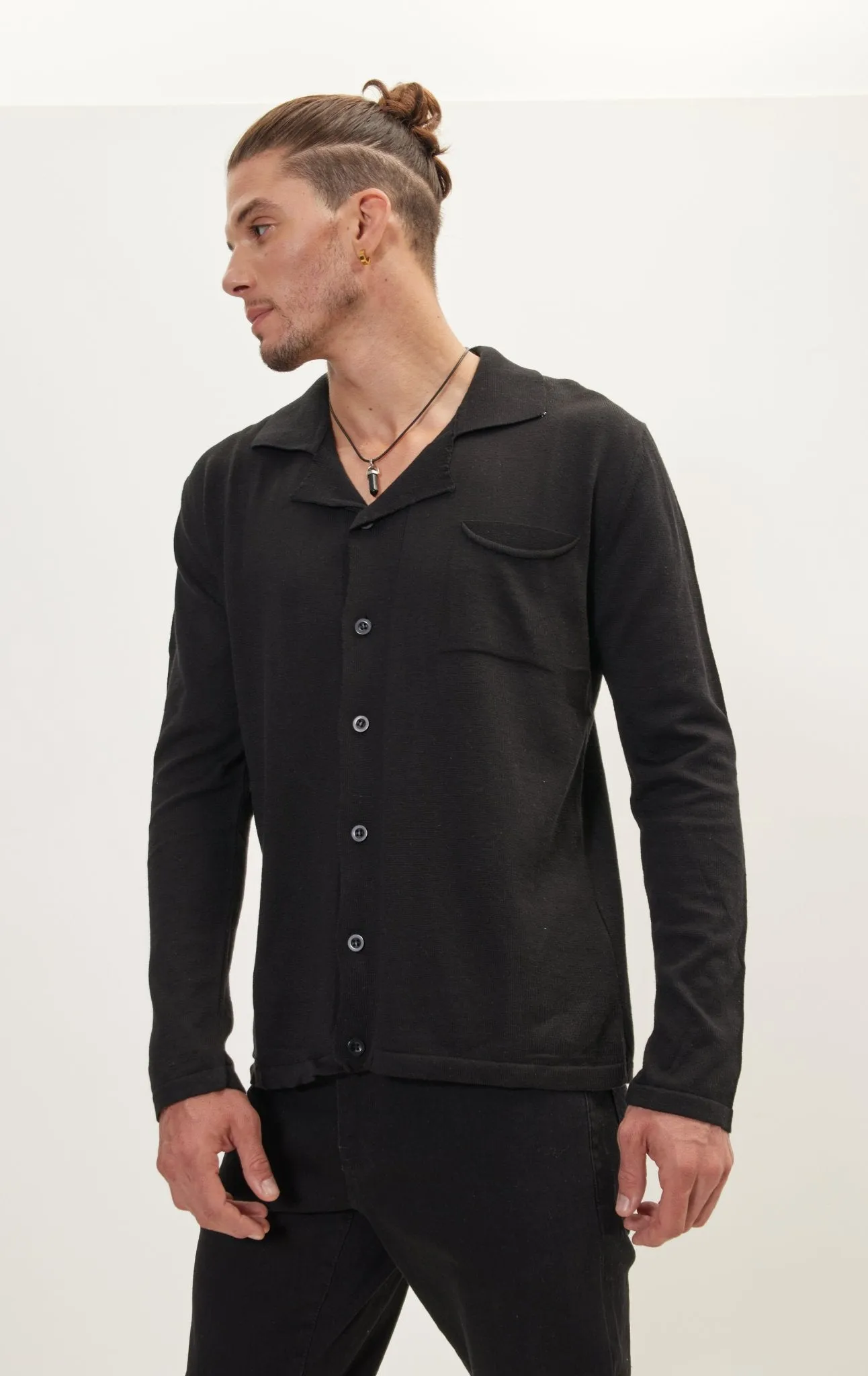 Long Sleeve Knit Button Down - Black