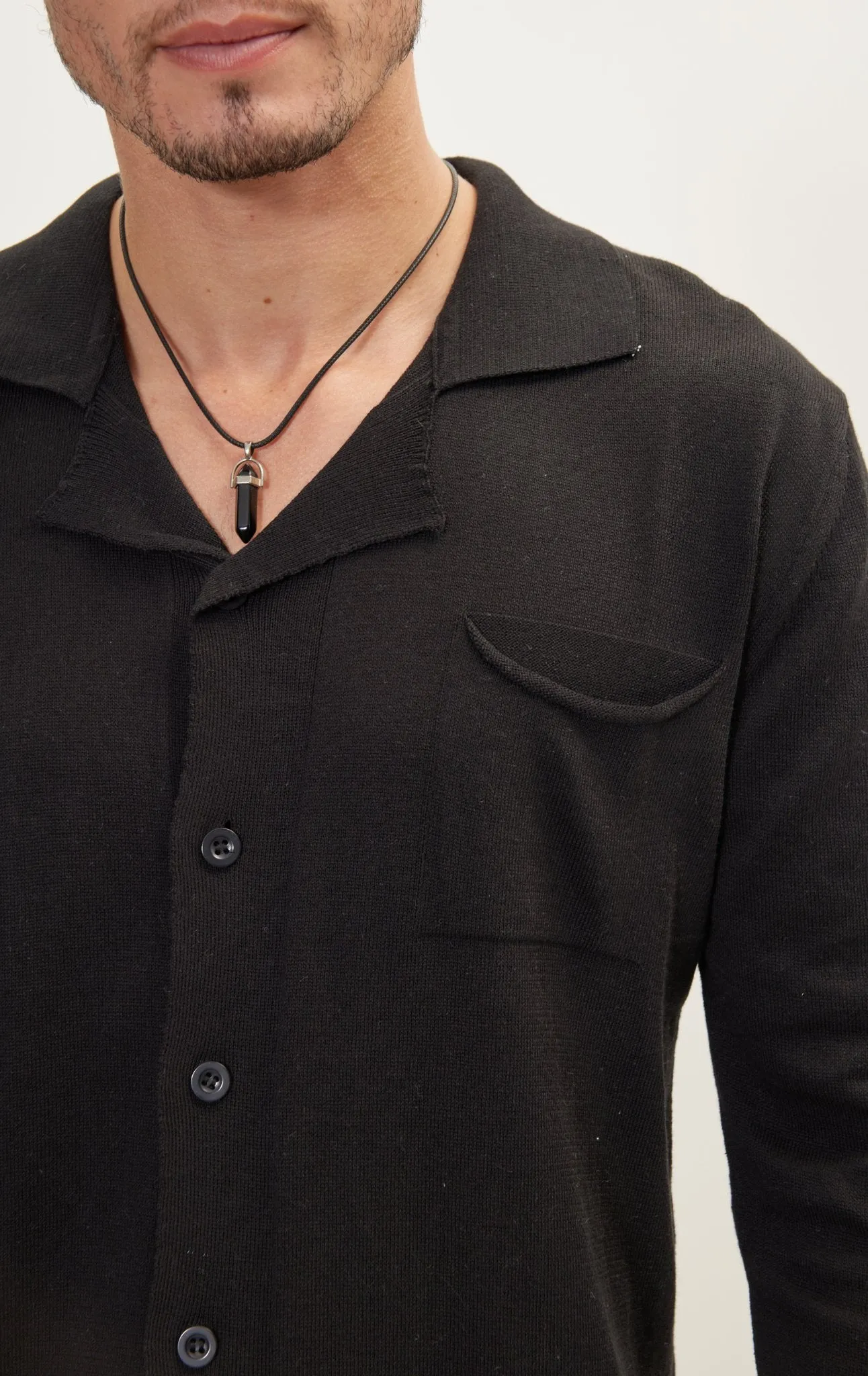 Long Sleeve Knit Button Down - Black