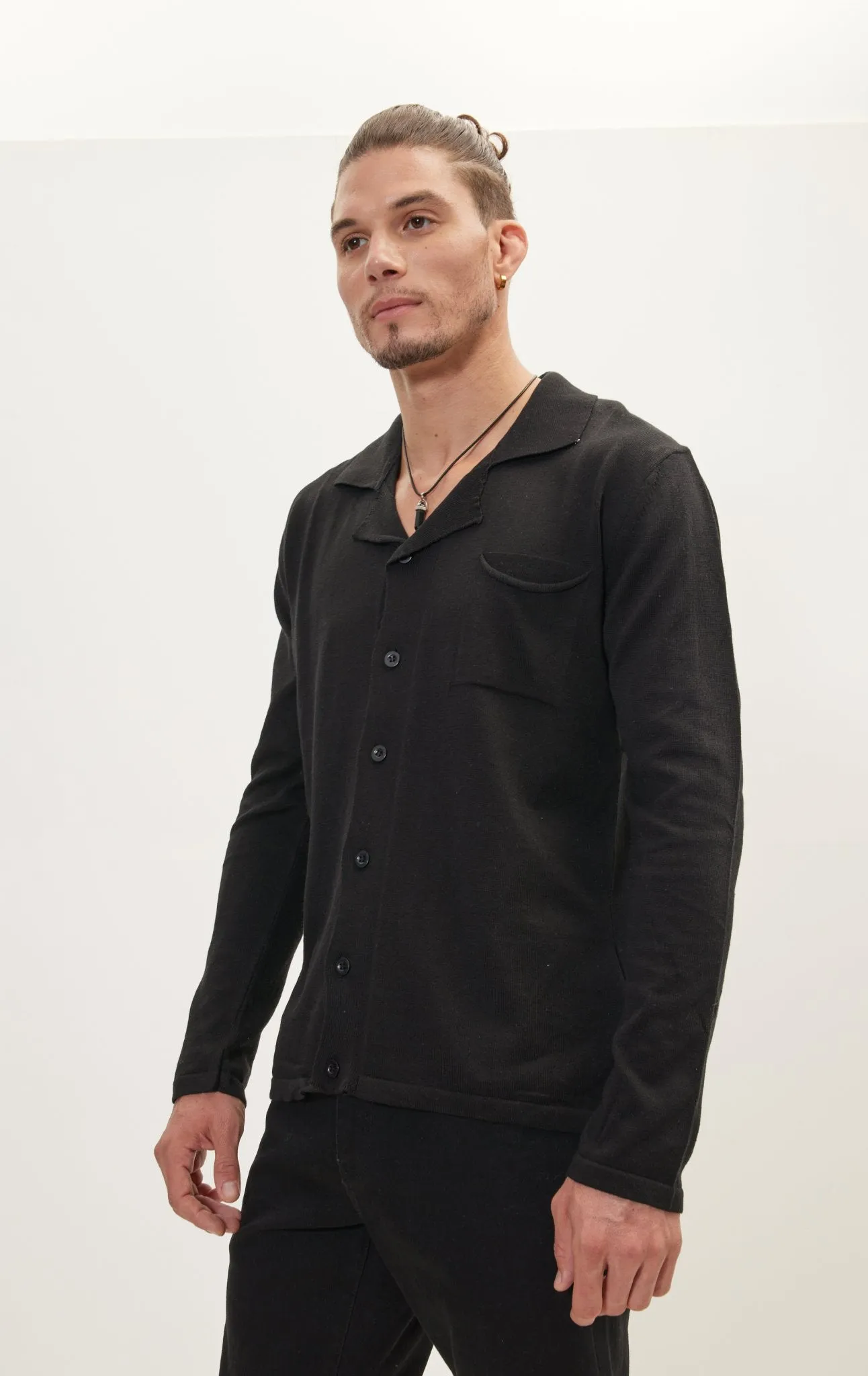 Long Sleeve Knit Button Down - Black