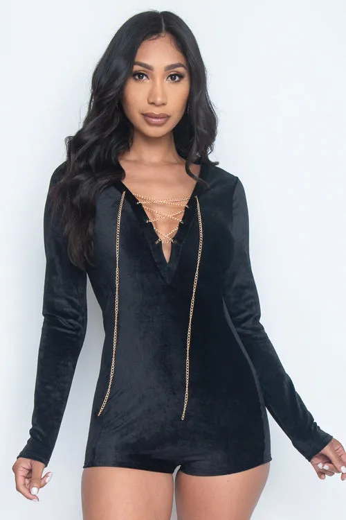 Long Sleeve V-Neck Romper  w/small chain on neck *(P3768)