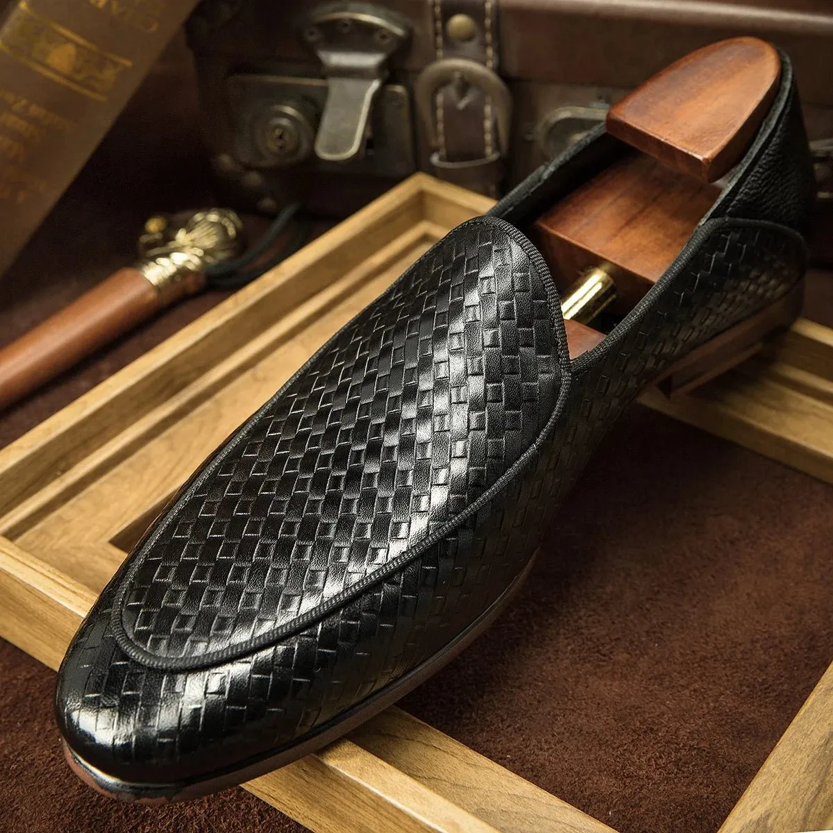 Luxury Genuine Leather Black Slip-On Loafers Shoes for Men