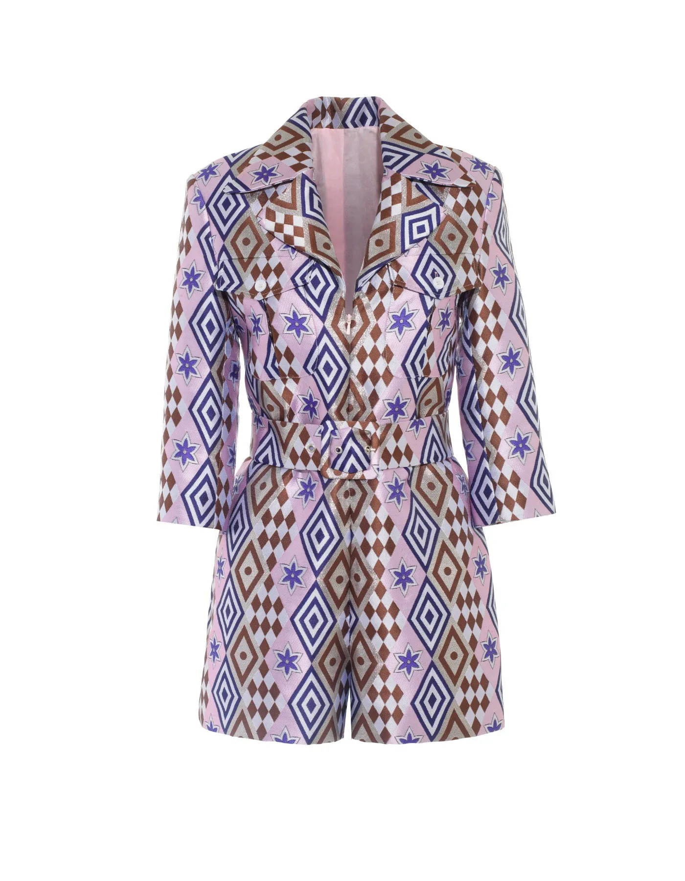 Olivia Pink Blue Mad Hatter Print Silk Jacquard Playsuit