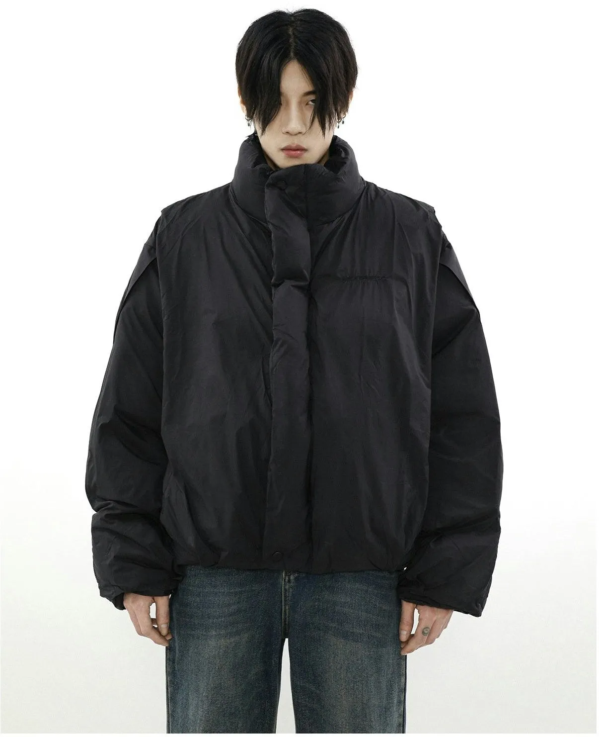 Oversized Puffer Mock-Layered Jacket with High Collar