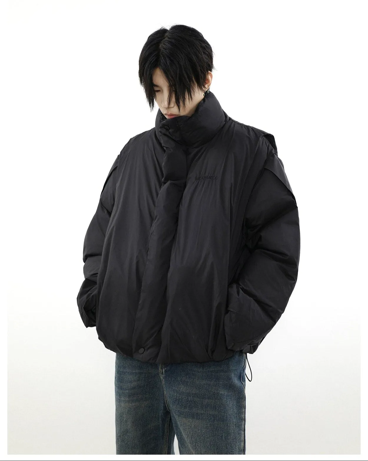 Oversized Puffer Mock-Layered Jacket with High Collar