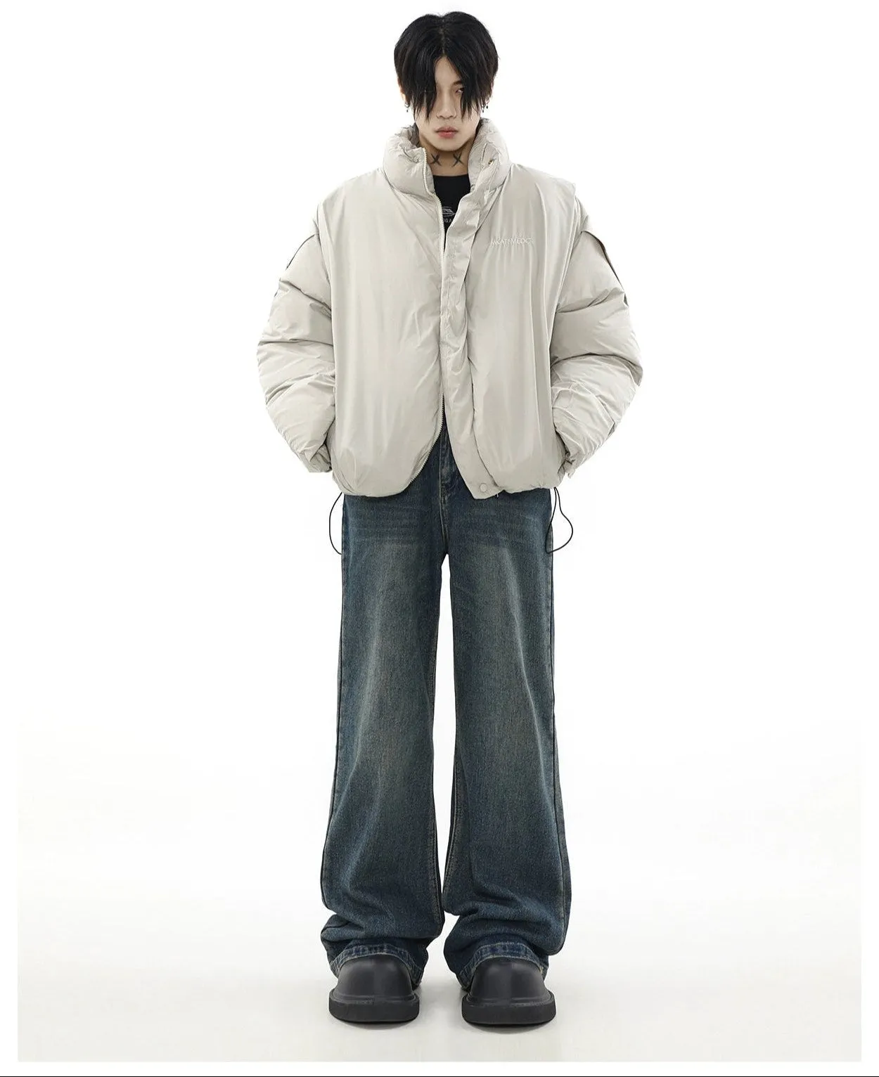 Oversized Puffer Mock-Layered Jacket with High Collar