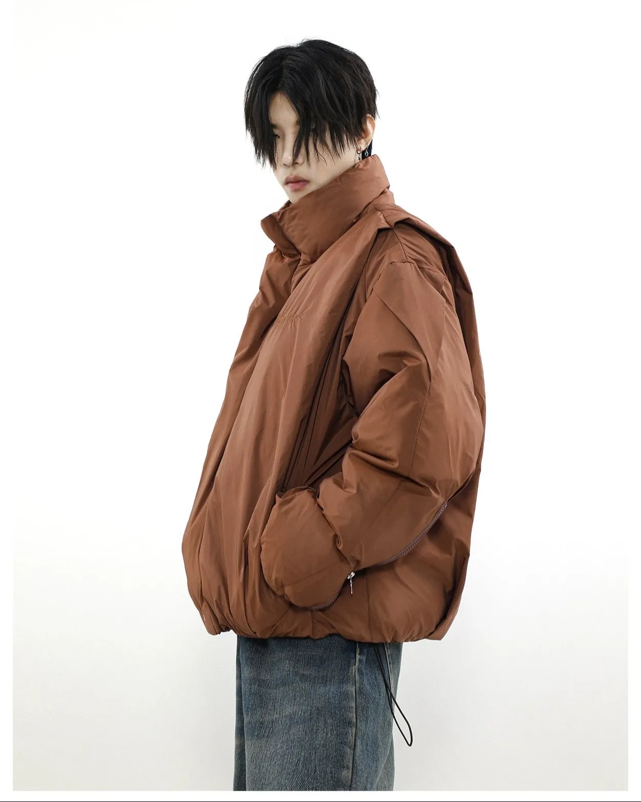 Oversized Puffer Mock-Layered Jacket with High Collar