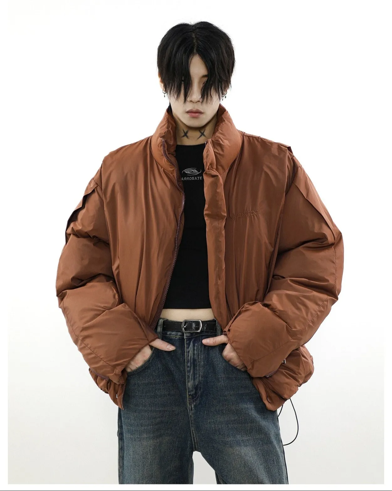 Oversized Puffer Mock-Layered Jacket with High Collar