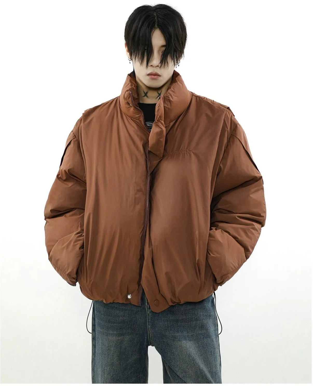 Oversized Puffer Mock-Layered Jacket with High Collar