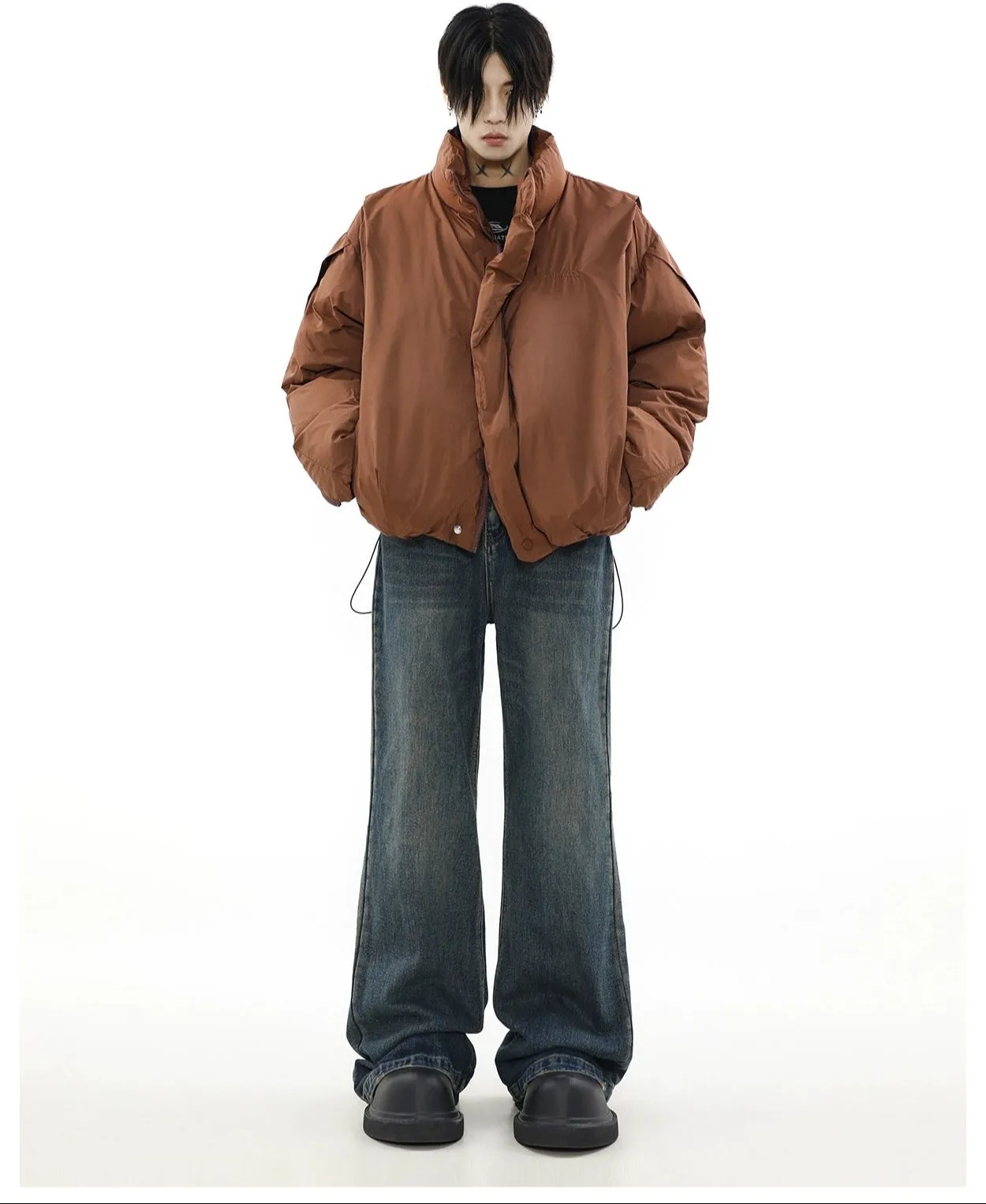 Oversized Puffer Mock-Layered Jacket with High Collar