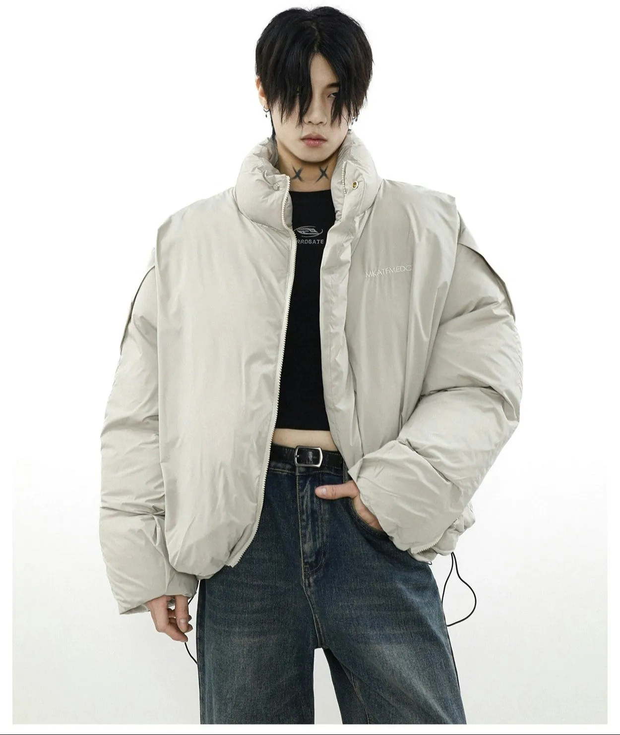 Oversized Puffer Mock-Layered Jacket with High Collar