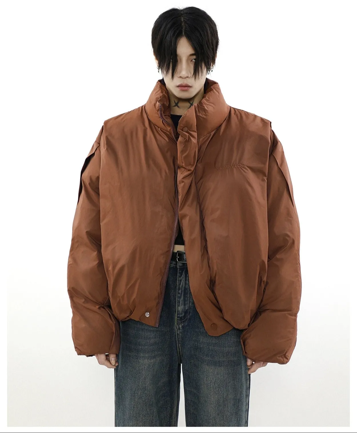 Oversized Puffer Mock-Layered Jacket with High Collar