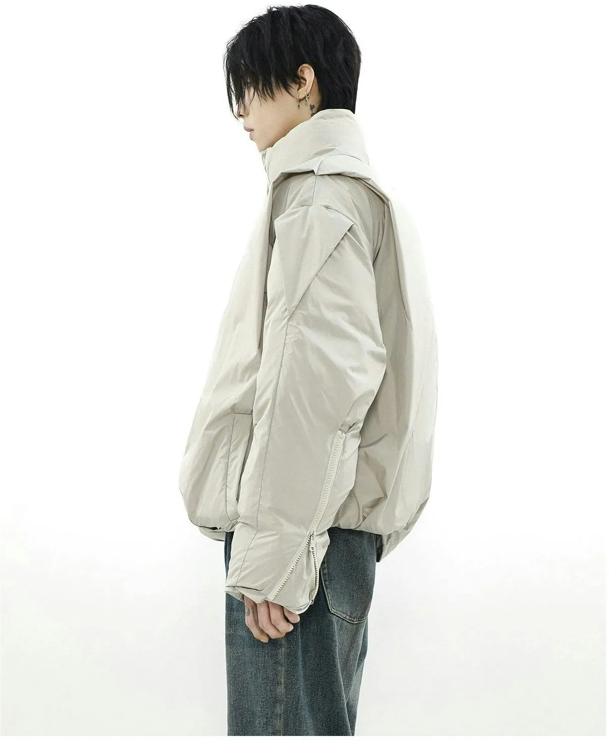 Oversized Puffer Mock-Layered Jacket with High Collar