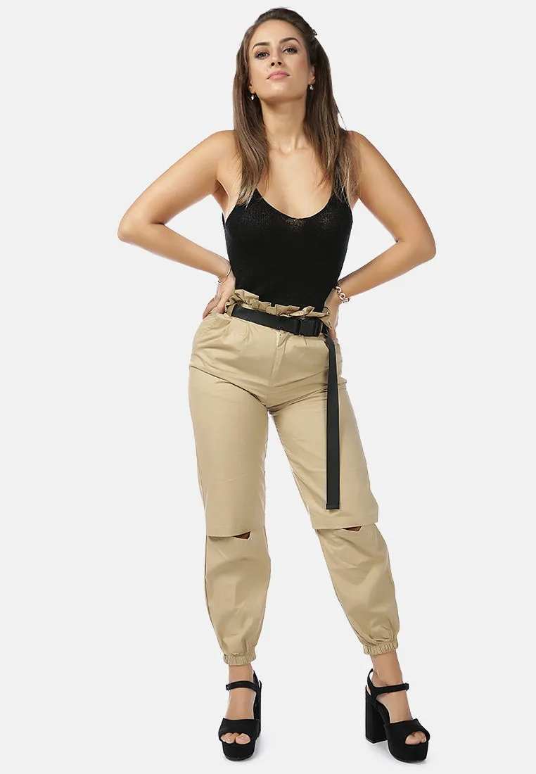 Paper Bag Pants With Buckled Belt