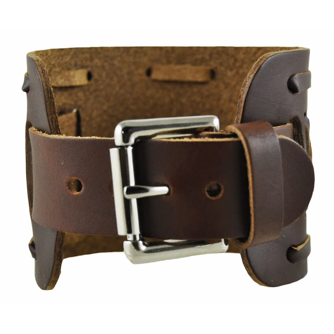 Perforated Dash X Brown Leather Wide Cuff