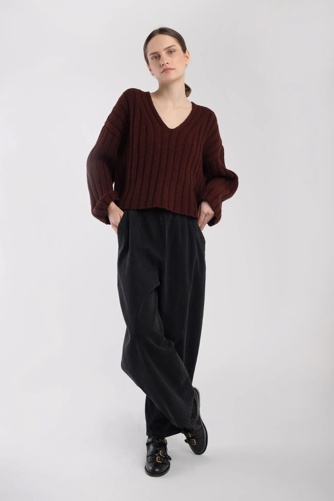 Plum Cropped Rib Pullover