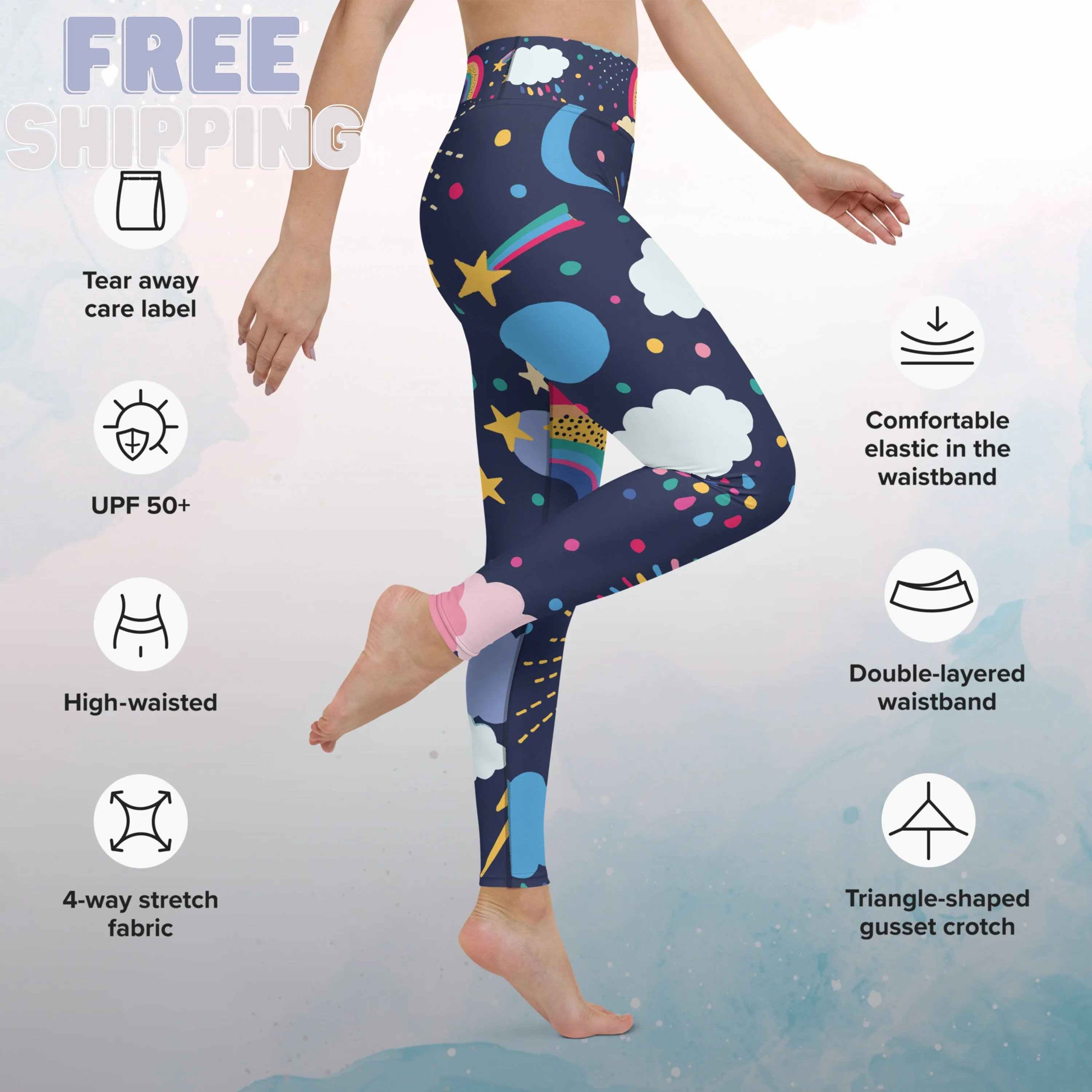 Rainbows and Rain Clouds Weather Themed Womens Light Weight Leggings for Yoga or Lounging